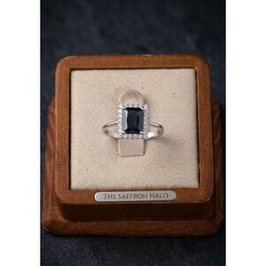 Art Deco Halo Ring 925 Sterling Silver Black Onyx & White Topaz Emerald Cut 7